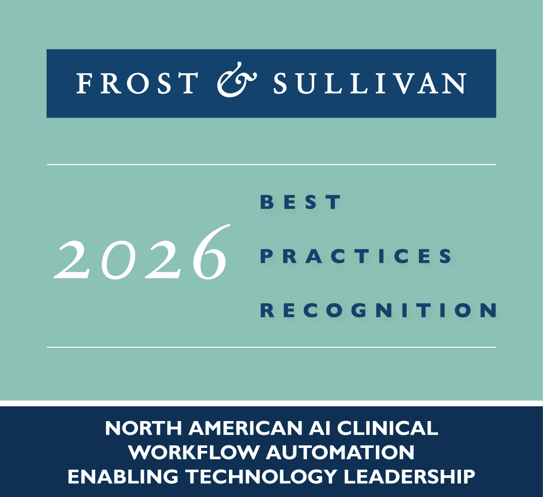 Frost & Sullivan 2026 Best Practices Recognition badge, North American AI clinical workflow automation, enabling technology leadership