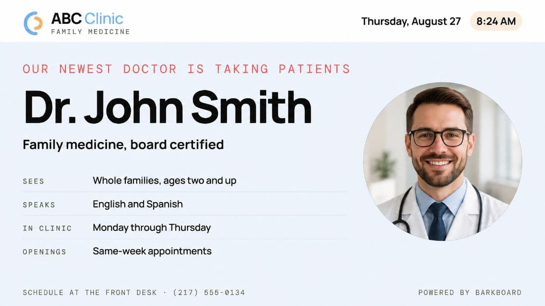 Example board welcoming a new provider to ABC Clinic