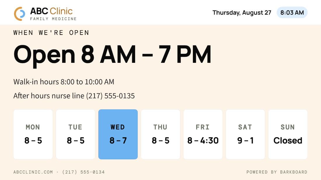 Example board listing clinic hours