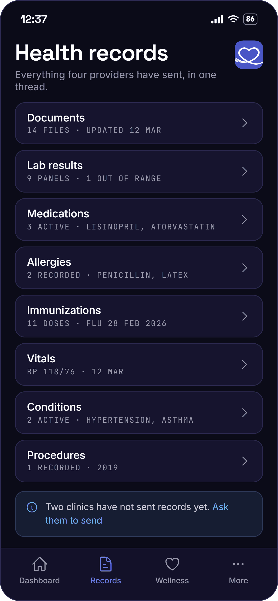 HealthThread health records screen