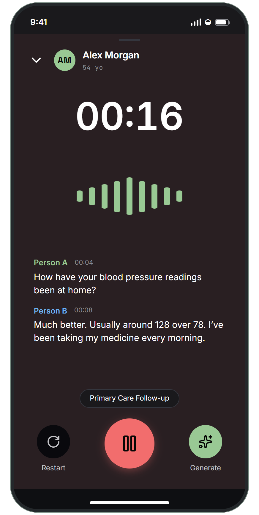 MyMedicalScribe recording a fictional encounter, with an elapsed-time display, audio meter, speaker-separated transcript, and pause and generate controls.
