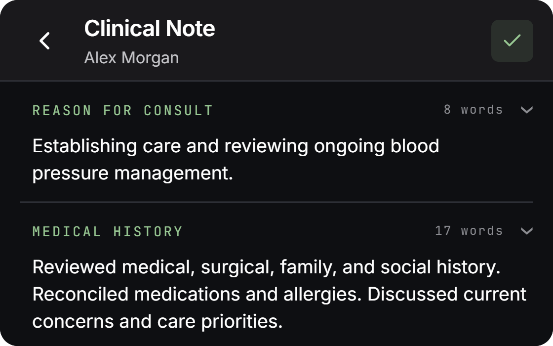 New patient consult note example, organized into Reason for consult and Medical history sections.