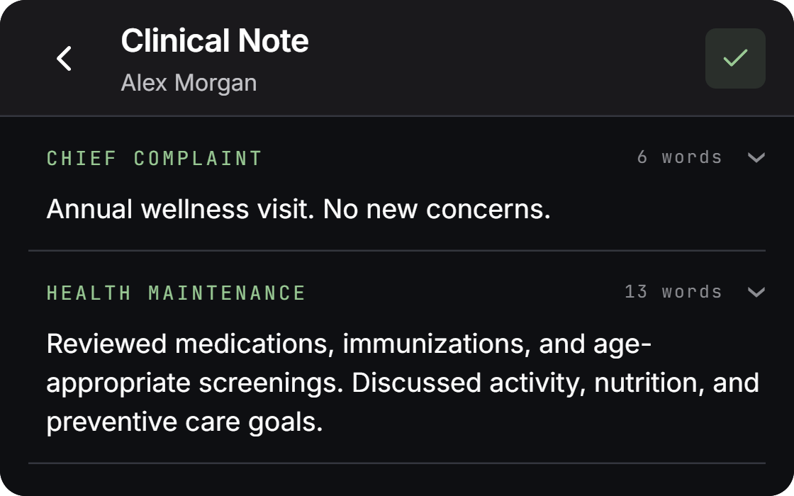 Annual physical note example, organized into Chief complaint and Health maintenance sections for preventive care.