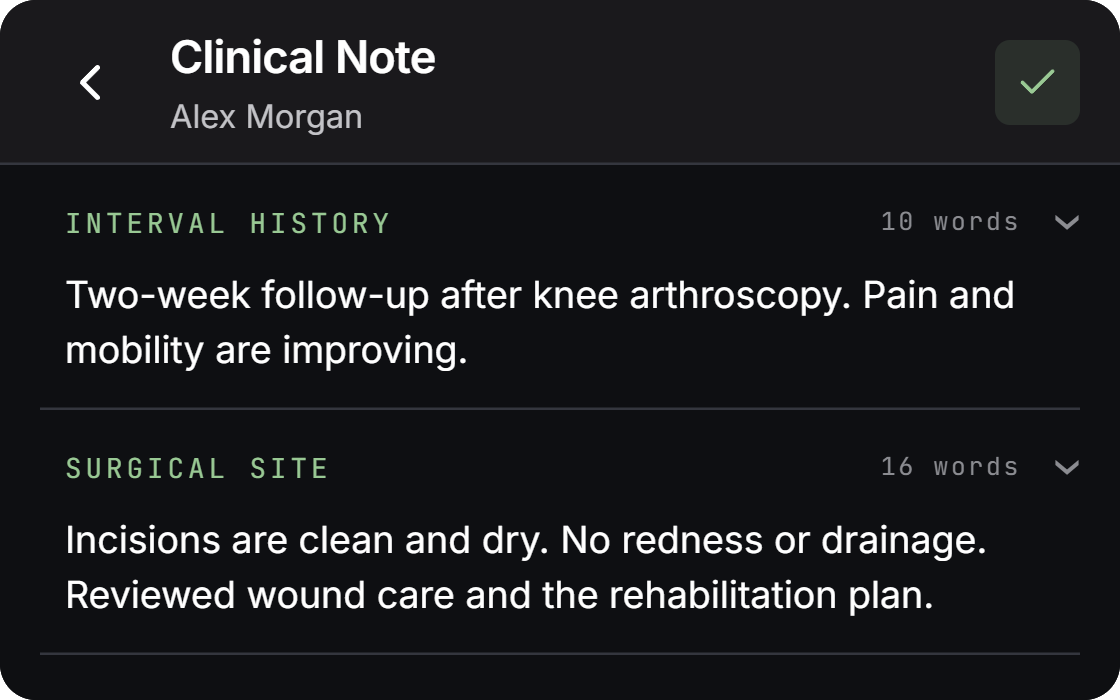 Post-op follow-up note example, with Interval history and Surgical site sections covering recovery and wound care.